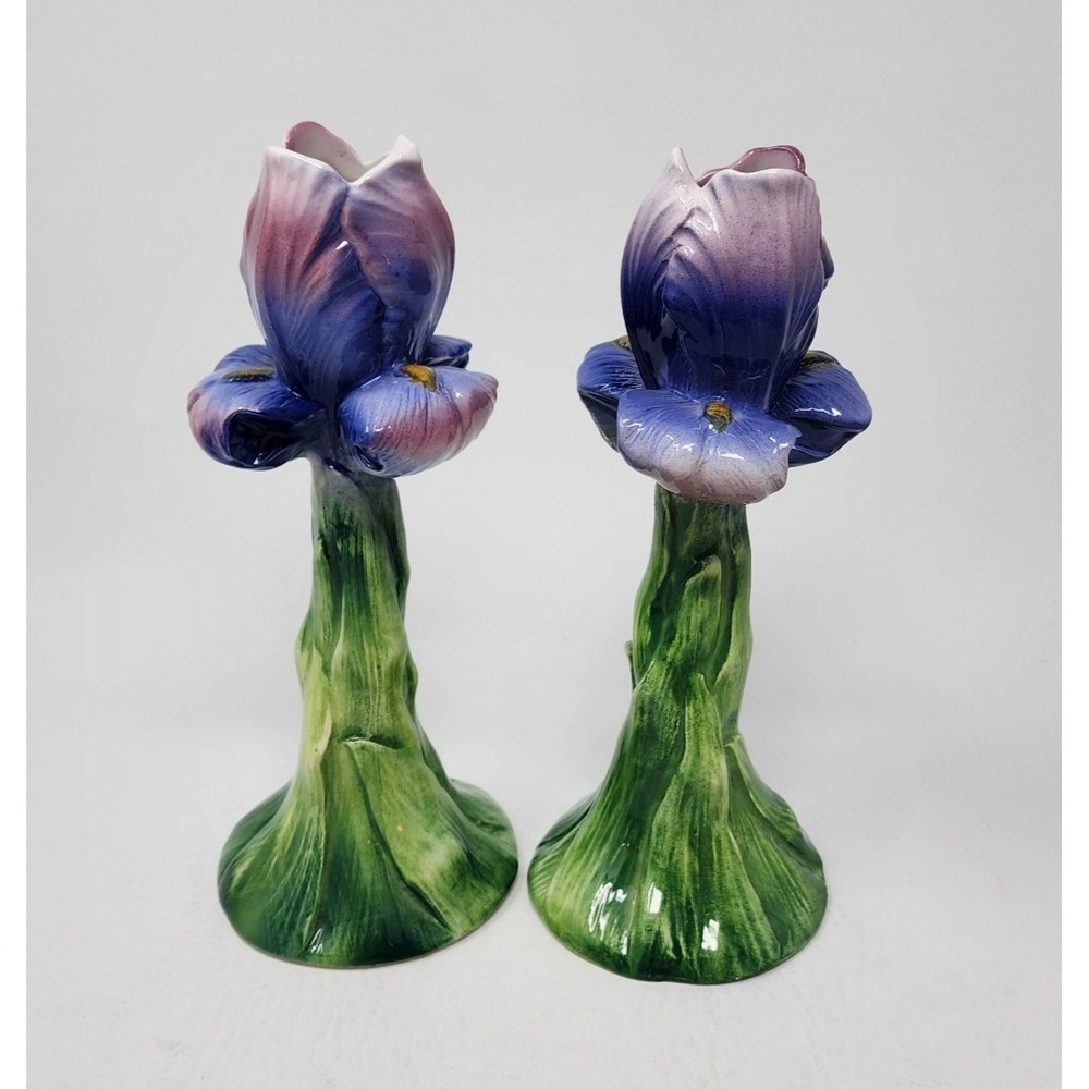 Set of 2 Vtg Ancora Porcelain Iris Italian Candlestick Holders Hand Painted 8" - Picture 3 of 10